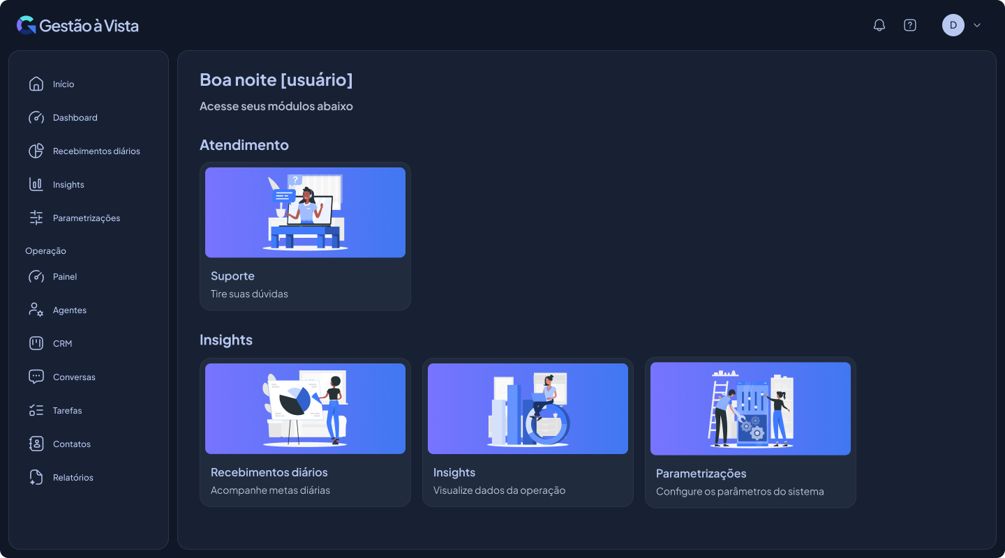 Painel inicial, tema escuro