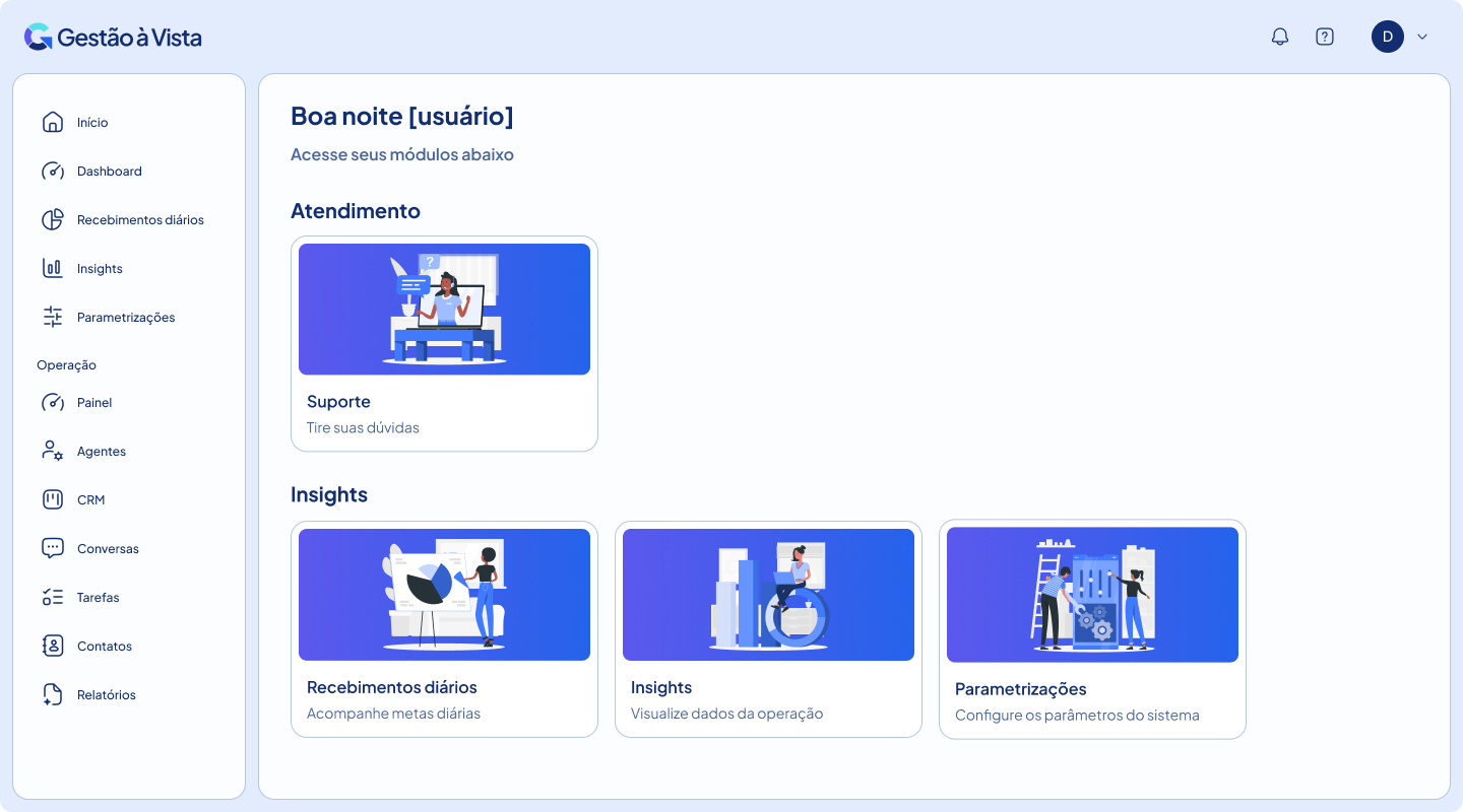Painel inicial, tema claro