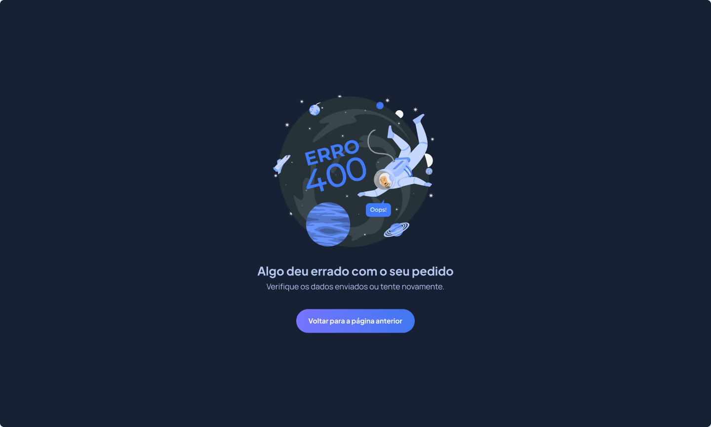 Tela de erro, tema escuro